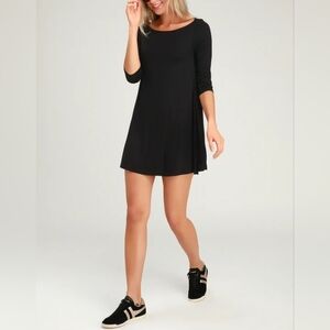 LULUS In Full Swing Black Mini Dress Small S USA Made 3/4 Sleeve Boat Neck EUC